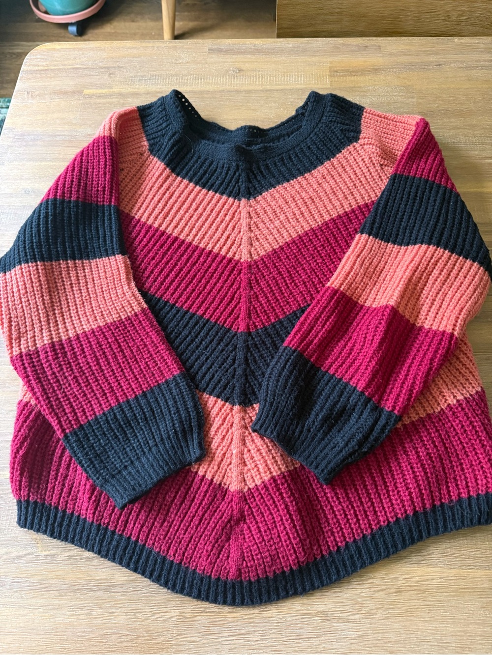 SHEIN Chevron-Striped Ribbed Crew Sweater in Black, Pink & Coral